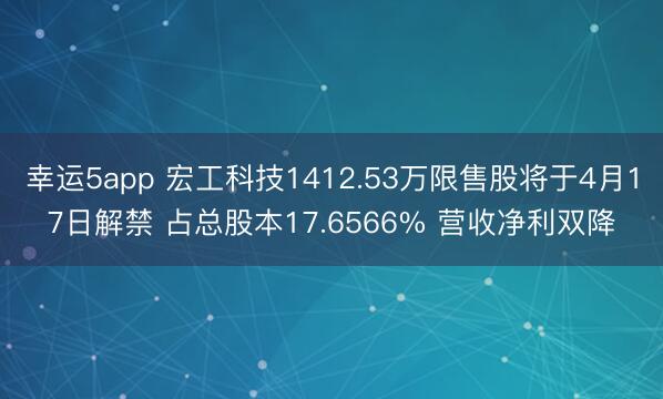 幸运5app 宏工科技1412.53万限售股将于4月17日解禁 占总股本17.6566% 营收净利双降